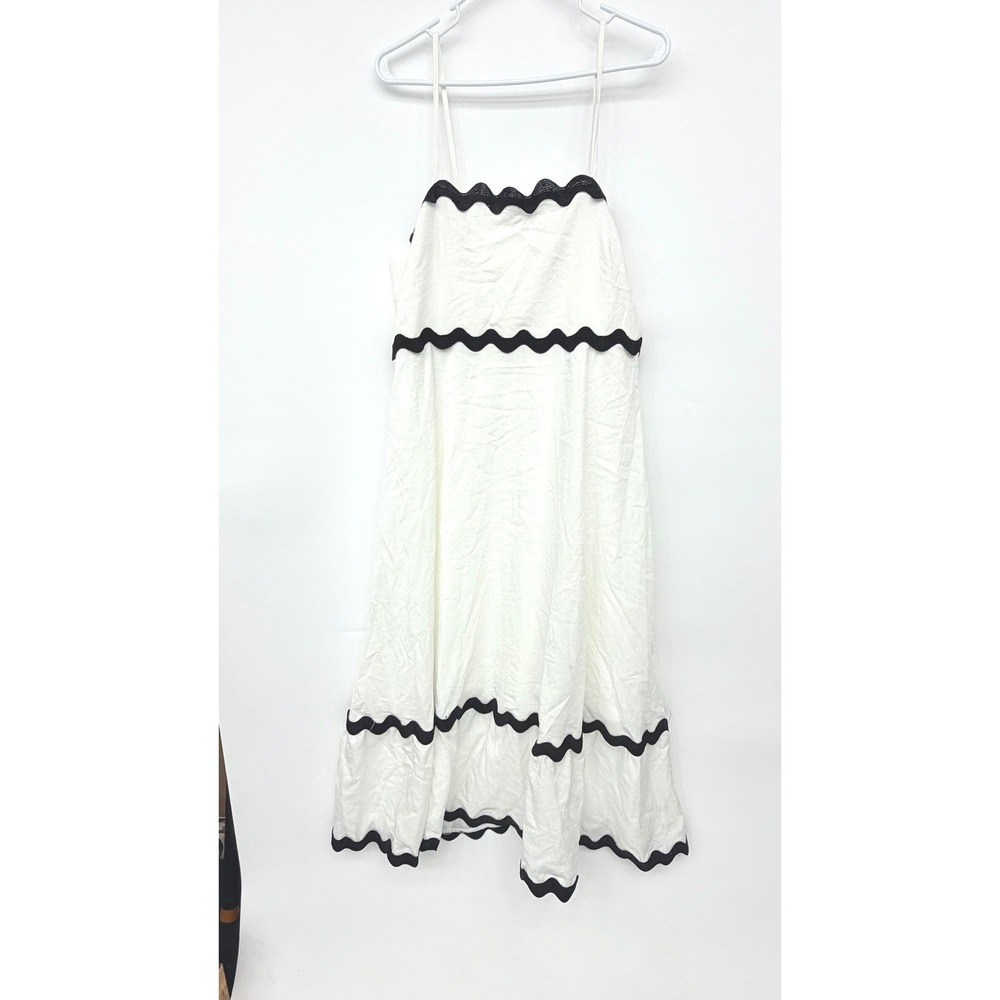 NWT White Linen Maxi Dress Black Ric Rac Trim Smocked Back Size L - Picture 3 of 8
